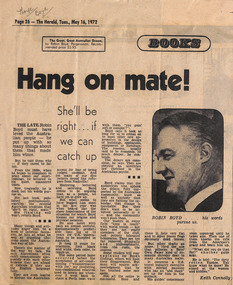 Newspaper - Clipping, Keith Connolly, Hang on mate!, 16.05.1972