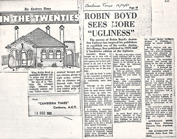 Newspaper - Clipping, The Canberra Times, Robin Boyd sees more "ugliness", 16.12.61