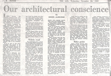 Newspaper - Clipping, Roger Aldridge, Our architectural conscience, 12.11.1969