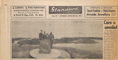 Newspaper - Clipping, The Standard, Cairn is unveiled, 20-Nov-71