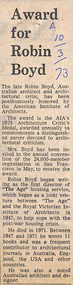 Newspaper - Clipping, The Age (?), Award for Robin Boyd, 10-Mar-73