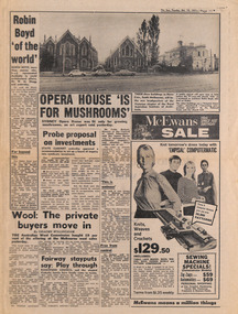 Newspaper - Clipping, The Sun, "Robin Boyd 'of the world'" and "Opera house 'is for mushrooms'", 19.10.1971