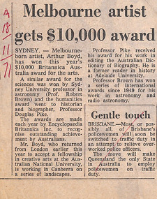 Newspaper - Clipping, The Age (?), Melbourne artist gets $10,000 award, 18.11.1971