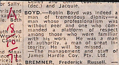 Newspaper - Clipping, The Age, (Death notice) Robin Boyd, 18.10.1971