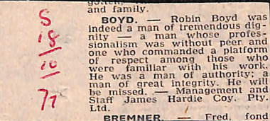 Newspaper - Clipping, The Sun, (Death notice) Robin Boyd, 18.10.1971
