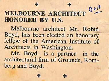 Newspaper - Clipping, The Age (possibly), Melbourne Architect Honored in U.S, 1960