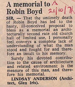 Newspaper - Clipping, Lindsay Anderson, A memorial to Robin Boyd, 21.10.1971