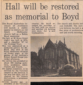 Newspaper - Clipping, Age, Hall will be restored as memorial to Boyd, 19.10.1971