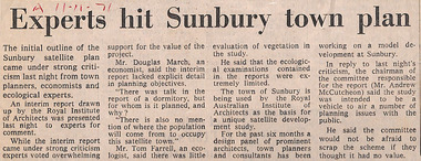 Newspaper - Clipping, The Age (possibly), Experts hit Sunbury town plan, 11.11.71