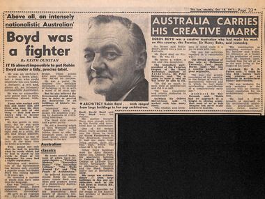Newspaper - Clipping, Keith Dunstan, 'Boyd was a fighter' and 'Australia carries his creative mark', 18.10.1971