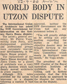 Newspaper - Clipping, The Australian, World Body in Utzon dispute, 22.4.1966