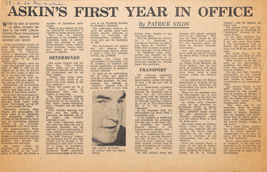 Newspaper - Clipping, The Australian, Askin’s First Year in Office, 28.4.1966