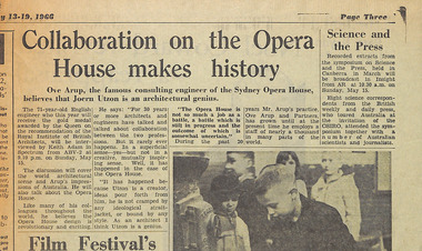 Newspaper - Clipping, The Age, ‘Collaboration on the Opera House makes History’, 13.5.1966