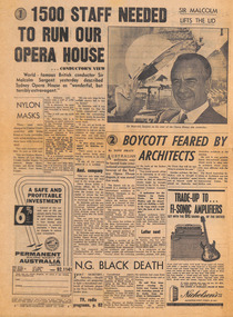Newspaper - Clipping, Sun-Herald, 1500 Staff needed to run our opera house.... conductor's view' and 'Boycott Feared by Architects’, 15.5.1966
