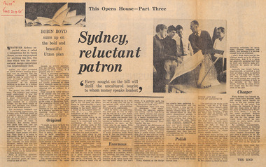 Newspaper - Clipping, Robin Boyd, This Opera House - Part Three: 'Sydney reluctant patron', 21.9.1965