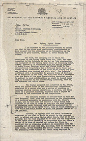 Letter, NSW Attorney General, Letter regarding Utzon and Opera House completion to Solicitors (Mr Barkell and Mr Peacock) for Peter Kollar and others, 23.03.1966