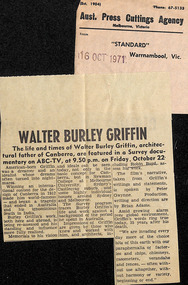 Newspaper - Clipping, Standard (Warrnambool, Victoria), Walter Burley Griffin, 16.10.1971