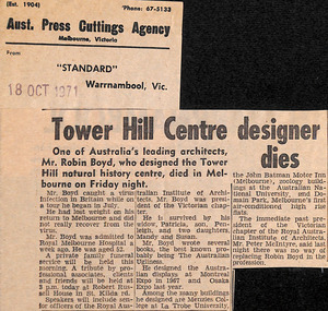 Newspaper - Clipping, Standard (Warrnambool, Victoria), Tower Hill Centre designer dies, 18.10.1971