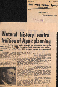 Newspaper - Clipping, Standard (Warrnambool, Victoria), Natural history centre fruition of Apex planning, 18.11.1971