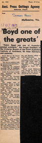 Newspaper - Clipping, Sunday News (Melbourne), Boyd one of the greats', 18.10.1971