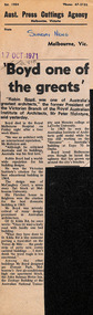 Newspaper - Clipping, Sunday News (Melbourne), Boyd one of the greats', 18.10.1971