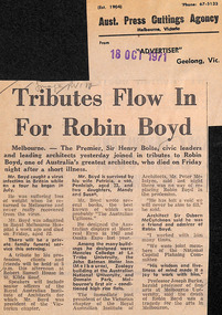 Newspaper - Clipping, Advertiser (Geelong), Tributes flow in for Robin Boyd, 18.10.1971