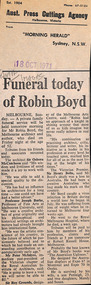 Newspaper - Clipping, Morning Herald (Sydney), Funeral today for Robin Boyd, 18.10.1971