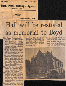 Newspaper - Clipping, Age (Melbourne), Hall will be restored as memorial to Boyd, 19.10.1971