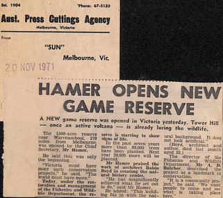 Newspaper - Clipping, The Sun (Melbourne), Hamer Opens New Game Reserve, 20.11.1971
