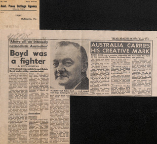 Newspaper - Clipping, Keith Dunstan, Boyd was a fighter' and 'Australia carries his creative mark', 18.10.1971