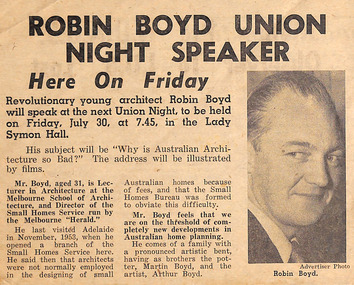 Newspaper - Clipping, Robin Boyd Union Night Speaker, c. 1954