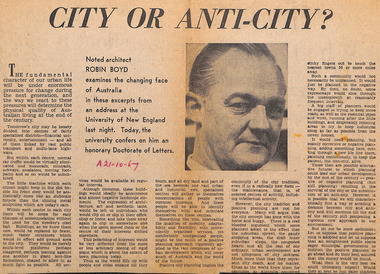 Newspaper - Clipping, Robin Boyd, City or Anti-city?, 21.10.1967