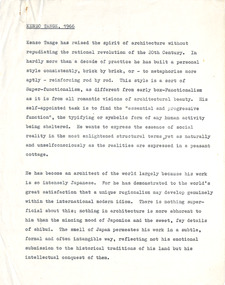 Document - Manuscript, Robin Boyd, Kenzo Tange, 1966