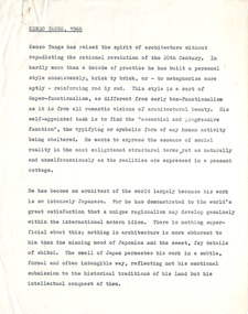Document - Manuscript, Robin Boyd, Kenzo Tange, 1966, 1966