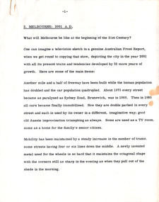Document - Manuscript, Robin Boyd, Melbourne: 2001 AD, 1969