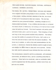 Document - Manuscript, Robin Boyd, The Baker House, Bacchus Marsh, Victoria, Australia, 1966