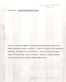 Document - Manuscript, Robin Boyd, Architecture: The Schizophrenic Style, 1971