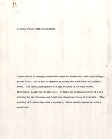 Document - Manuscript, Robin Boyd, A Lead From the Plumbers, 1971