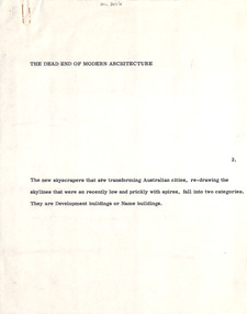 Document - Manuscript, Robin Boyd, The Dead End of Modern Architecture, 1971