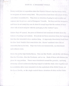 Document - Manuscript, Robin Boyd, Expo ’67: A Designers’ World