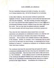 Document - Manuscript, Robin Boyd, Lost Chance at Brasilia, 1965