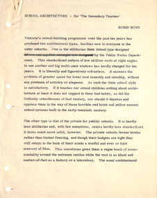 Document - Manuscript, Robin Boyd, School Architecture – For the Secondary Teacher