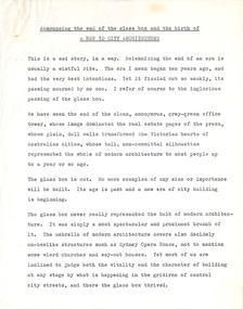 Document - Manuscript, Robin Boyd, Announcing the end of the glass box and the birth of a new 3D city architecture, 1965