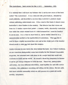 Document - Manuscript, Robin Boyd, The Australians: book review for the A.B.C, Sep-66