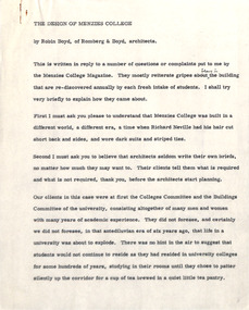 Document - Manuscript, Robin Boyd, The Design of Menzies College, Sept. 1971