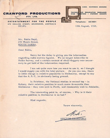 Letter, Hector Crawford, Letter from Hector Crawford to Robin Boyd, 13.08.1963