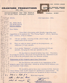 Letter, Hector Crawford, Letter from Hector Crawford to Robin Boyd, 13.09.1963