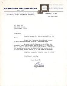 Letter, Hector Crawford, Hector Crawford (Crawford Productions) to Robin Boyd, 26.05.1964
