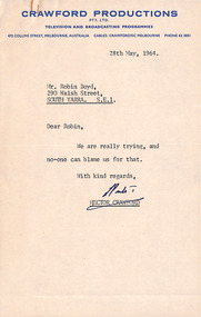 Letter, Hector Crawford, Hector Crawford (Crawford Productions) to Robin Boyd, 28.05.1964