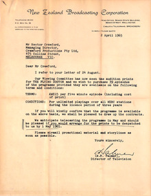 Letter, Correspondence between New Zealand Broadcasting Corporation and Hector Crawford, Apr-65